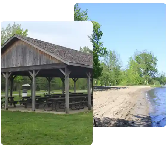 picnic shelter and beach