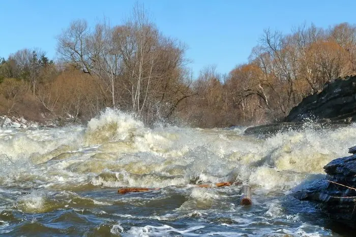 Rapids and high water rush past a shoreline